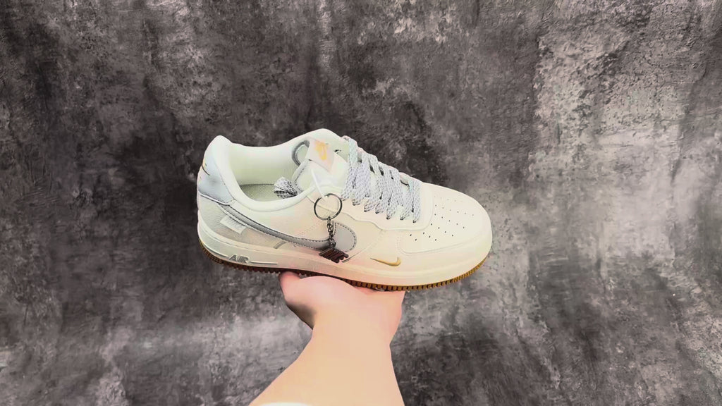 Nike Air Force 1 ’07 Low White & Grey Sneakers with Mini Swoosh, Gum Outsole Retro Lace-Up Casual Shoes