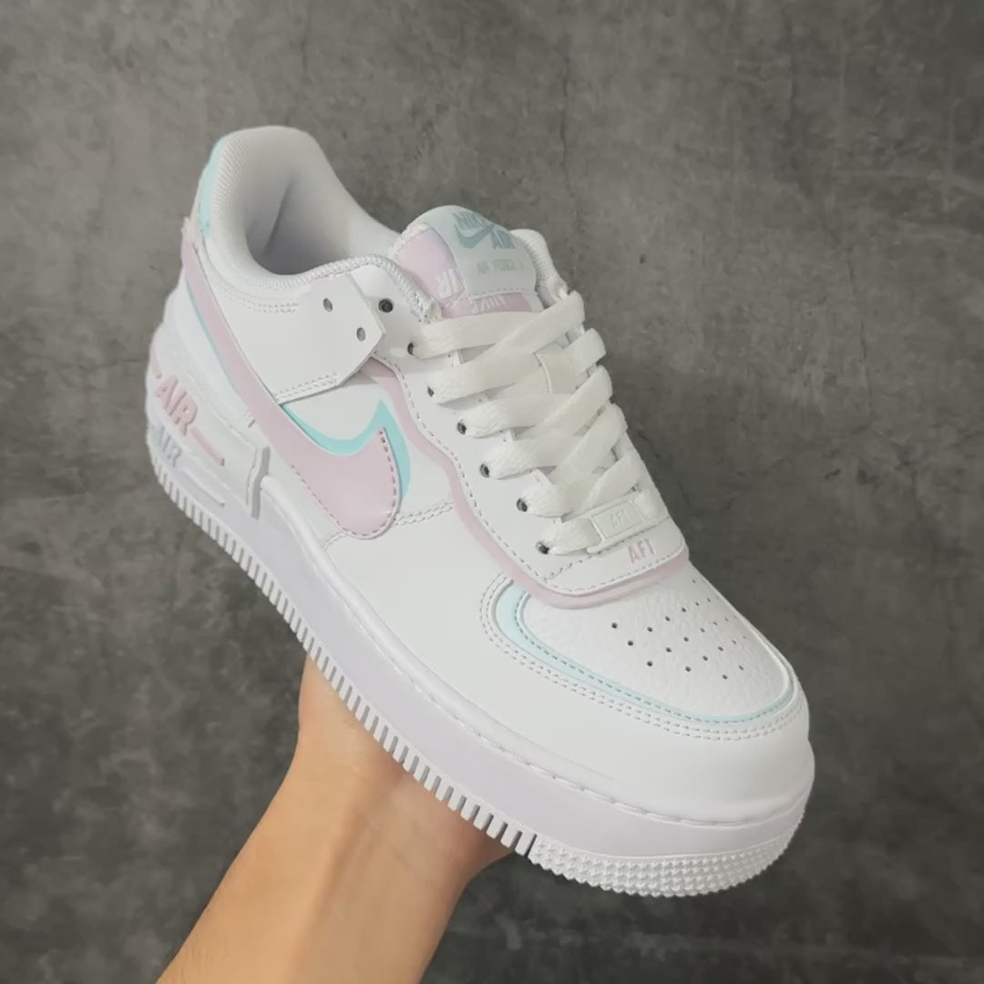 Nike Air Force 1 Shadow White & Pastel Pink Mint Sneakers, Layered Low-Top Lace-Up Casual Streetwear Shoes