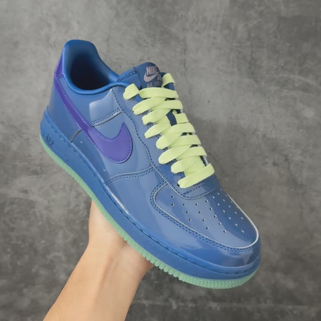 Nike Air Force 1 ’07 Low Blue & Purple Sneakers with Lime Green Laces, Glossy Retro Casual Streetwear Shoes