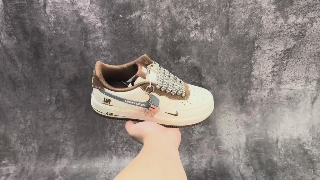 Nike Air Force 1 ’07 Low Cream White Brown & Grey Sneakers with Mini Swoosh, Retro Lace-Up Casual Streetwear Shoes