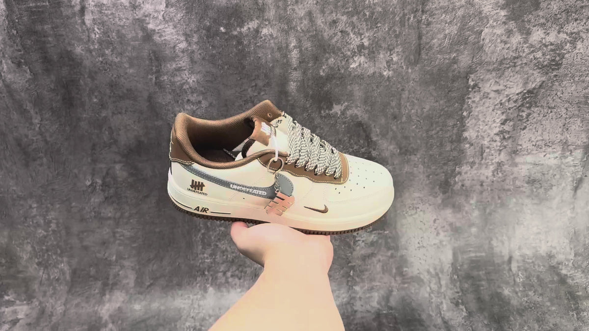 Nike Air Force 1 ’07 Low Cream White Brown & Grey Sneakers with Mini Swoosh, Retro Lace-Up Casual Streetwear Shoes