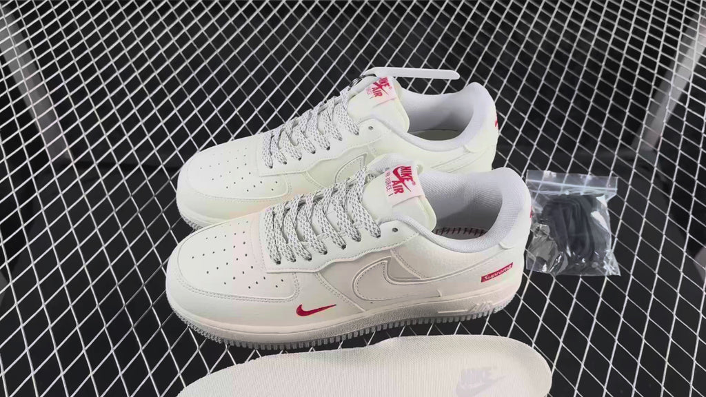 Nike Air Force 1 ’07 Low AF1 White Sneakers with Mini Red Swoosh, Tonal Lace-Up Retro Casual Streetwear Shoes