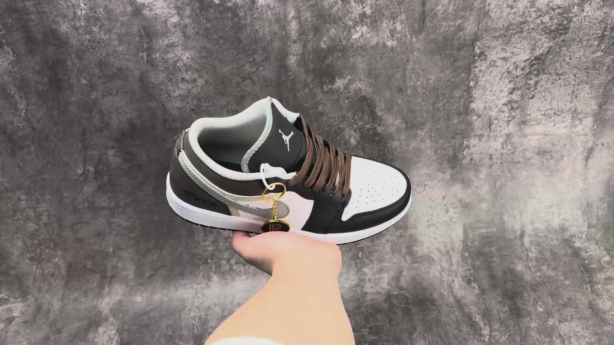 Air Jordan 1 Low AJ1 Black White & Grey Sneakers with Brown Laces, Retro Low-Top Casual Streetwear Shoes