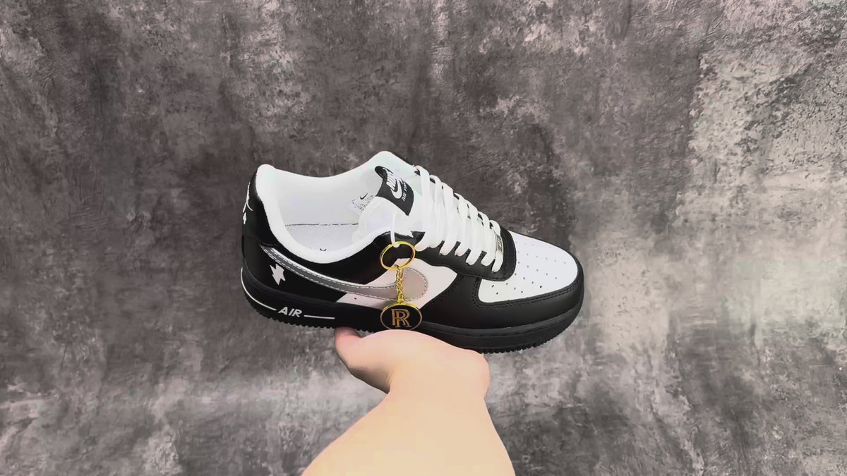 Nike Air Force 1 ’07 Low AF1 Black & White Sneakers, Contrast Swoosh Retro Lace-Up Casual Streetwear Shoes