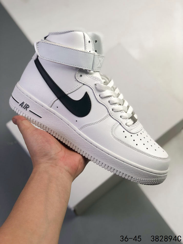 Nike Air Force 1 High White & Black Sneakers, Ankle Strap Lace-Up Retro Casual Streetwear Shoes