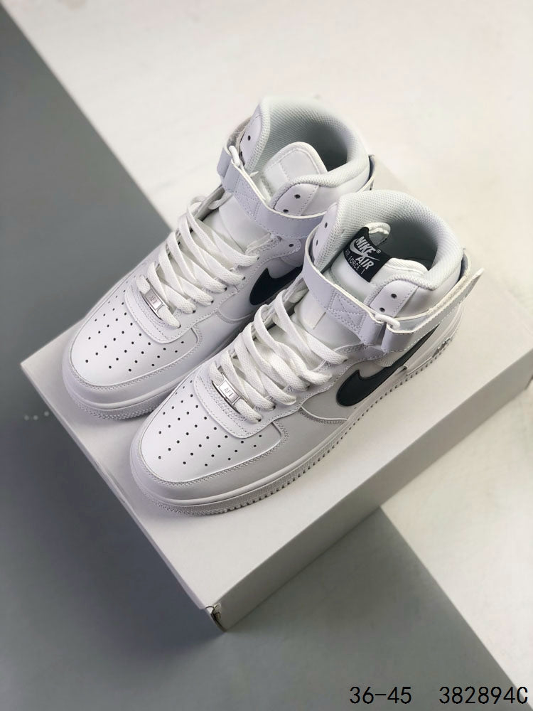 Nike Air Force 1 High White & Black Sneakers, Ankle Strap Lace-Up Retro Casual Streetwear Shoes