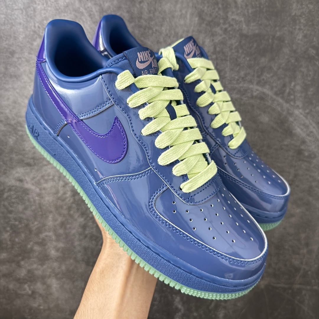 Nike Air Force 1 ’07 Low Blue & Purple Sneakers with Lime Green Laces, Glossy Retro Casual Streetwear Shoes