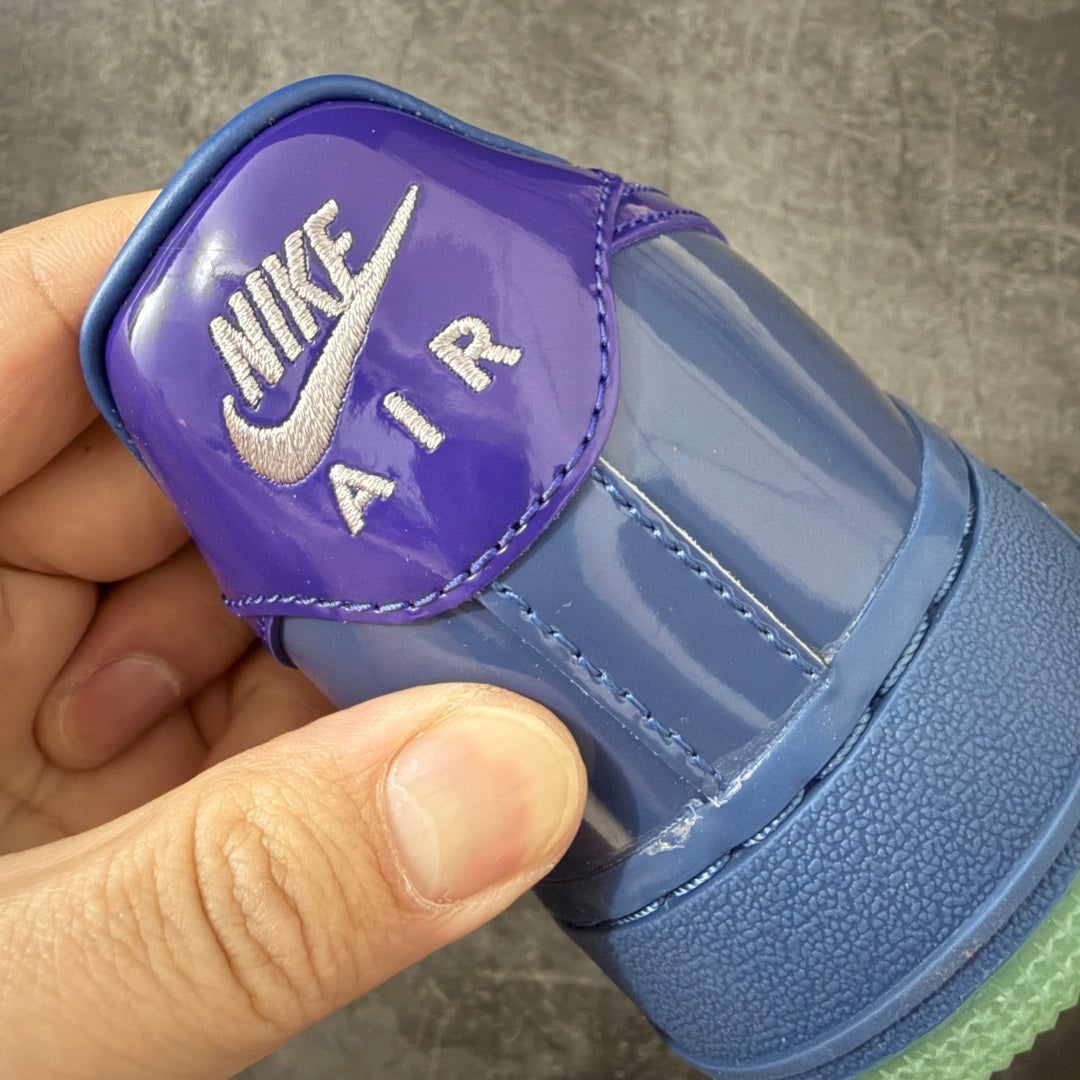 Nike Air Force 1 ’07 Low Blue & Purple Sneakers with Lime Green Laces, Glossy Retro Casual Streetwear Shoes