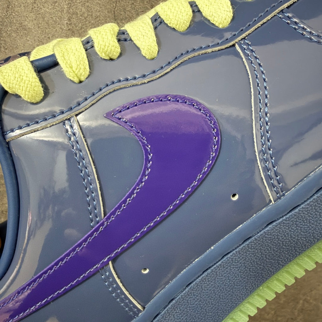 Nike Air Force 1 ’07 Low Blue & Purple Sneakers with Lime Green Laces, Glossy Retro Casual Streetwear Shoes