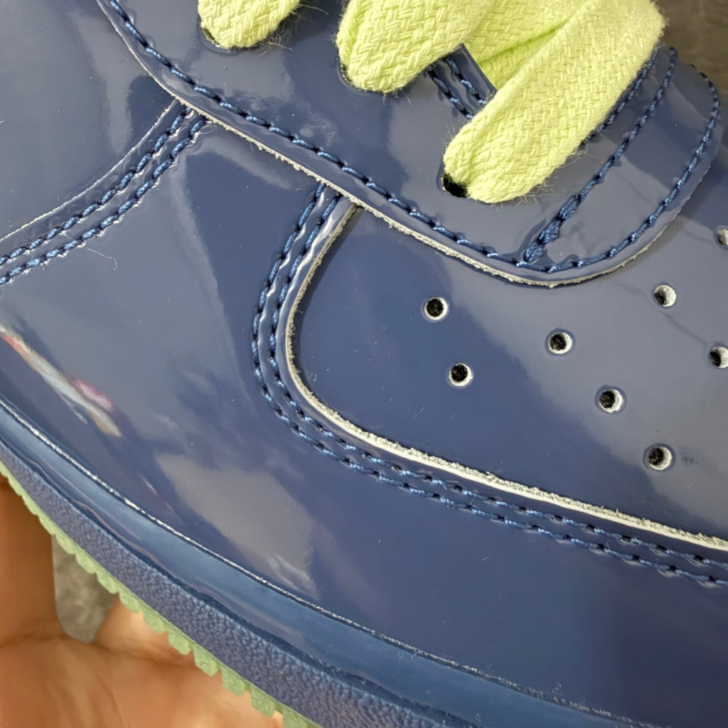 Nike Air Force 1 ’07 Low Blue & Purple Sneakers with Lime Green Laces, Glossy Retro Casual Streetwear Shoes