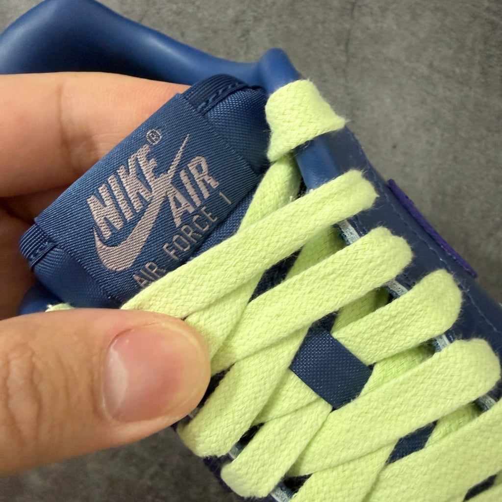 Nike Air Force 1 ’07 Low Blue & Purple Sneakers with Lime Green Laces, Glossy Retro Casual Streetwear Shoes