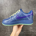Nike Air Force 1 ’07 Low Blue & Purple Sneakers with Lime Green Laces, Glossy Retro Casual Streetwear Shoes