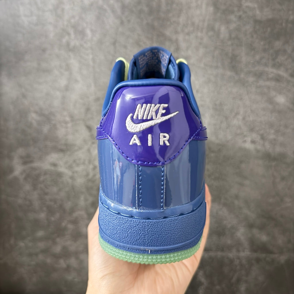 Nike Air Force 1 ’07 Low Blue & Purple Sneakers with Lime Green Laces, Glossy Retro Casual Streetwear Shoes