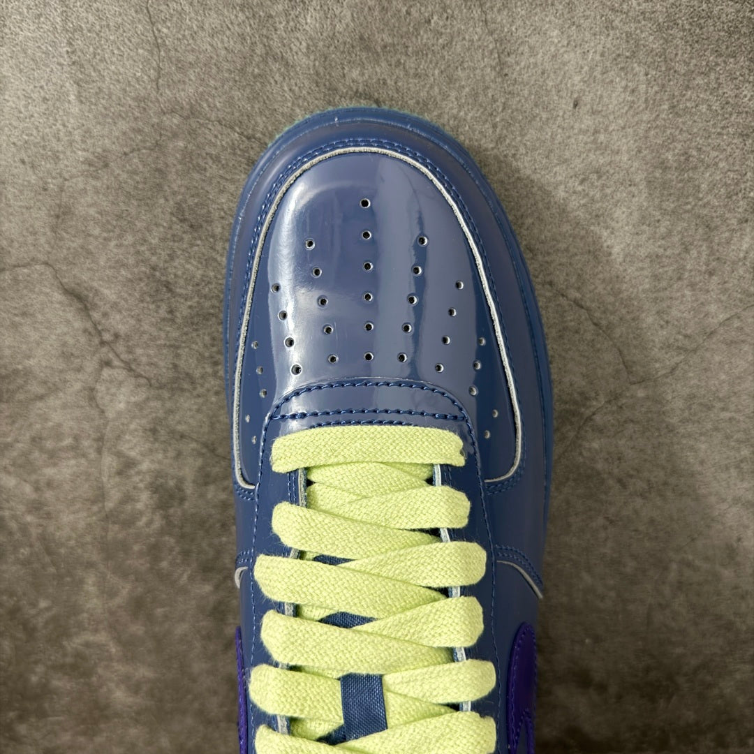 Nike Air Force 1 ’07 Low Blue & Purple Sneakers with Lime Green Laces, Glossy Retro Casual Streetwear Shoes