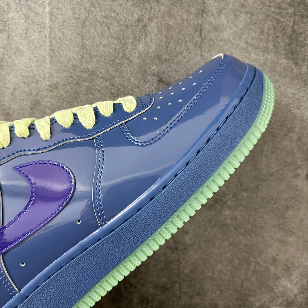 Nike Air Force 1 ’07 Low Blue & Purple Sneakers with Lime Green Laces, Glossy Retro Casual Streetwear Shoes