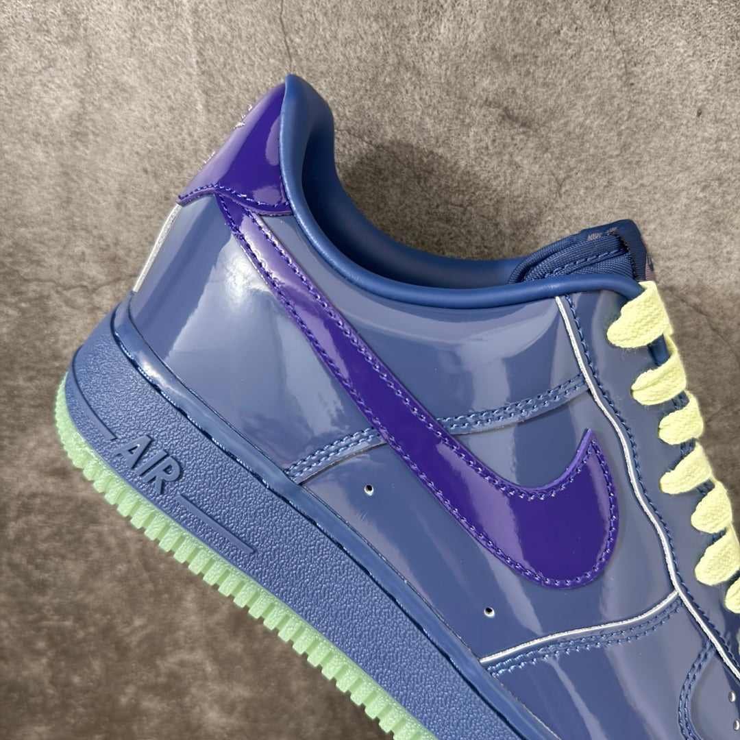 Nike Air Force 1 ’07 Low Blue & Purple Sneakers with Lime Green Laces, Glossy Retro Casual Streetwear Shoes