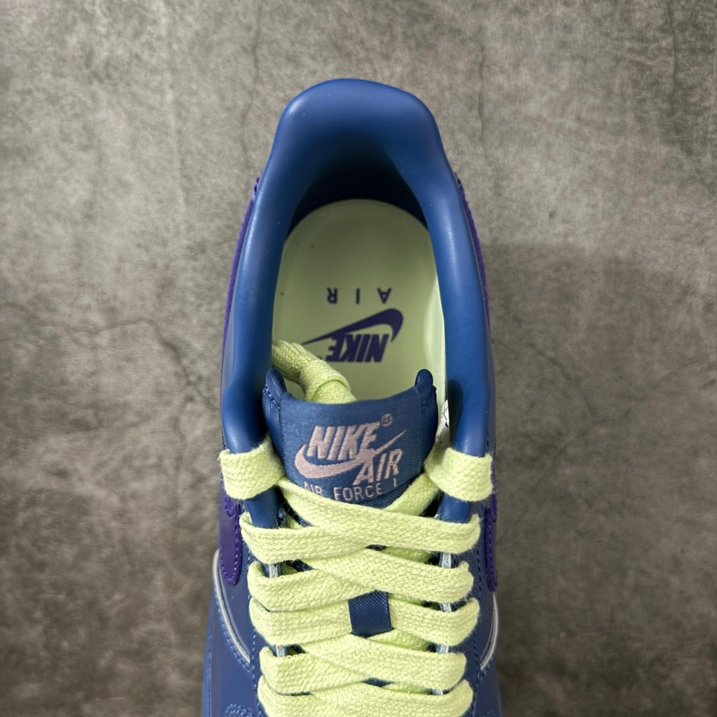 Nike Air Force 1 ’07 Low Blue & Purple Sneakers with Lime Green Laces, Glossy Retro Casual Streetwear Shoes