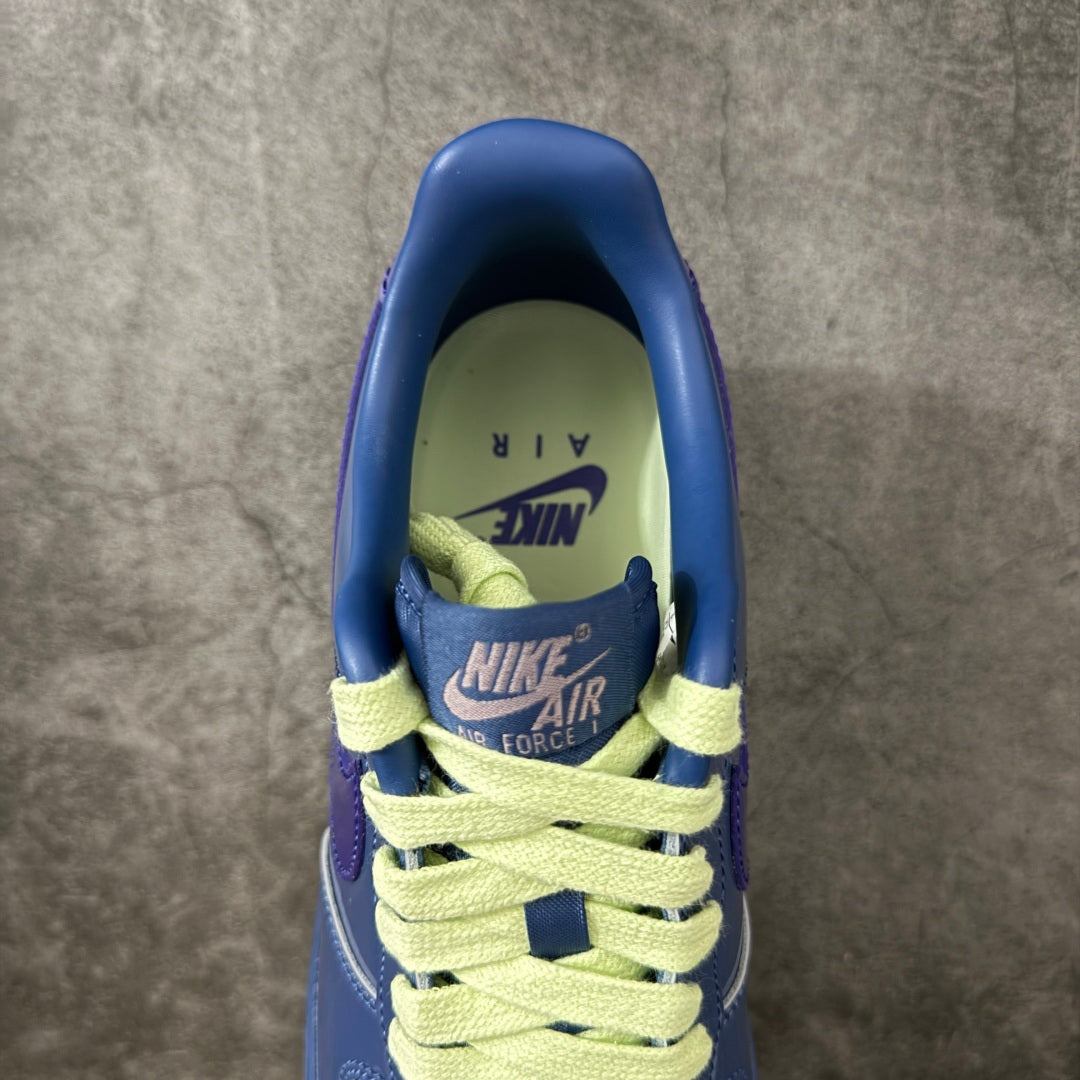 Nike Air Force 1 ’07 Low Blue & Purple Sneakers with Lime Green Laces, Glossy Retro Casual Streetwear Shoes