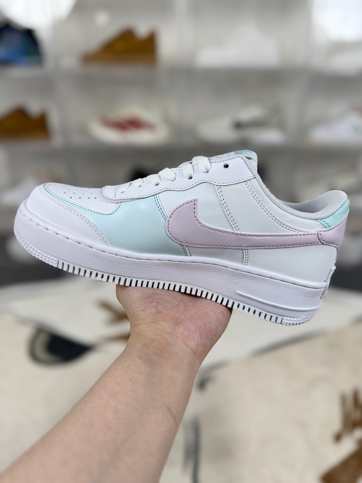 Nike Air Force 1 Shadow White & Pastel Pink Mint Sneakers, Layered Low-Top Lace-Up Casual Streetwear Shoes