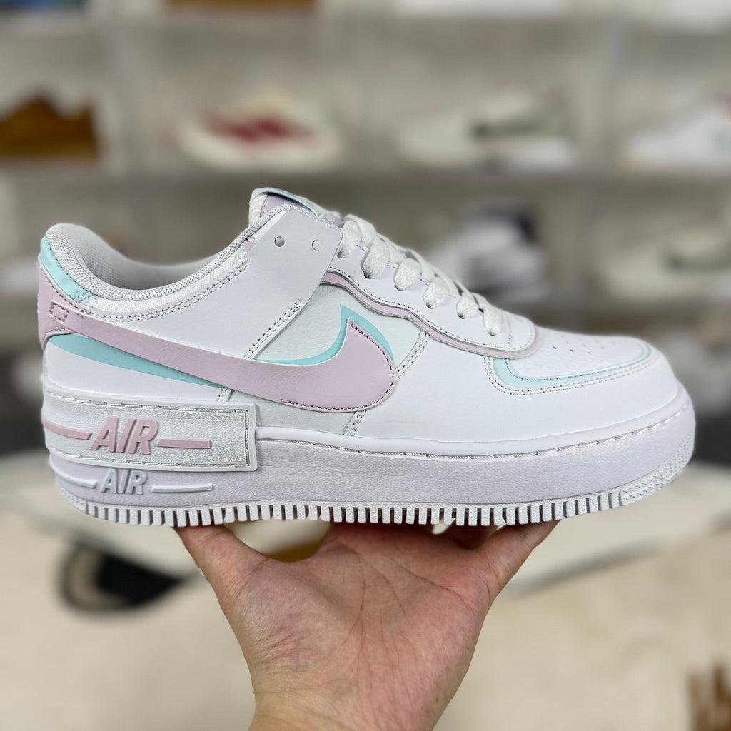 Nike Air Force 1 Shadow White & Pastel Pink Mint Sneakers, Layered Low-Top Lace-Up Casual Streetwear Shoes