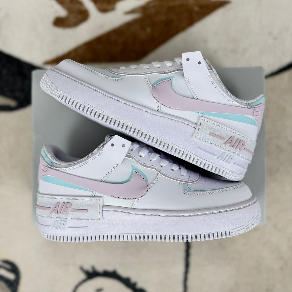Nike Air Force 1 Shadow White & Pastel Pink Mint Sneakers, Layered Low-Top Lace-Up Casual Streetwear Shoes