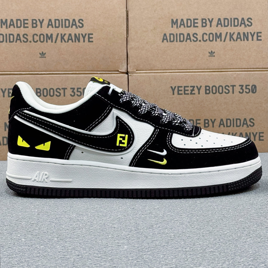 Nike Air Force 1 ’07 Low AF1 Black & White Sneakers with Neon Yellow Details, Graphic Lace-Up Casual Streetwear Shoes