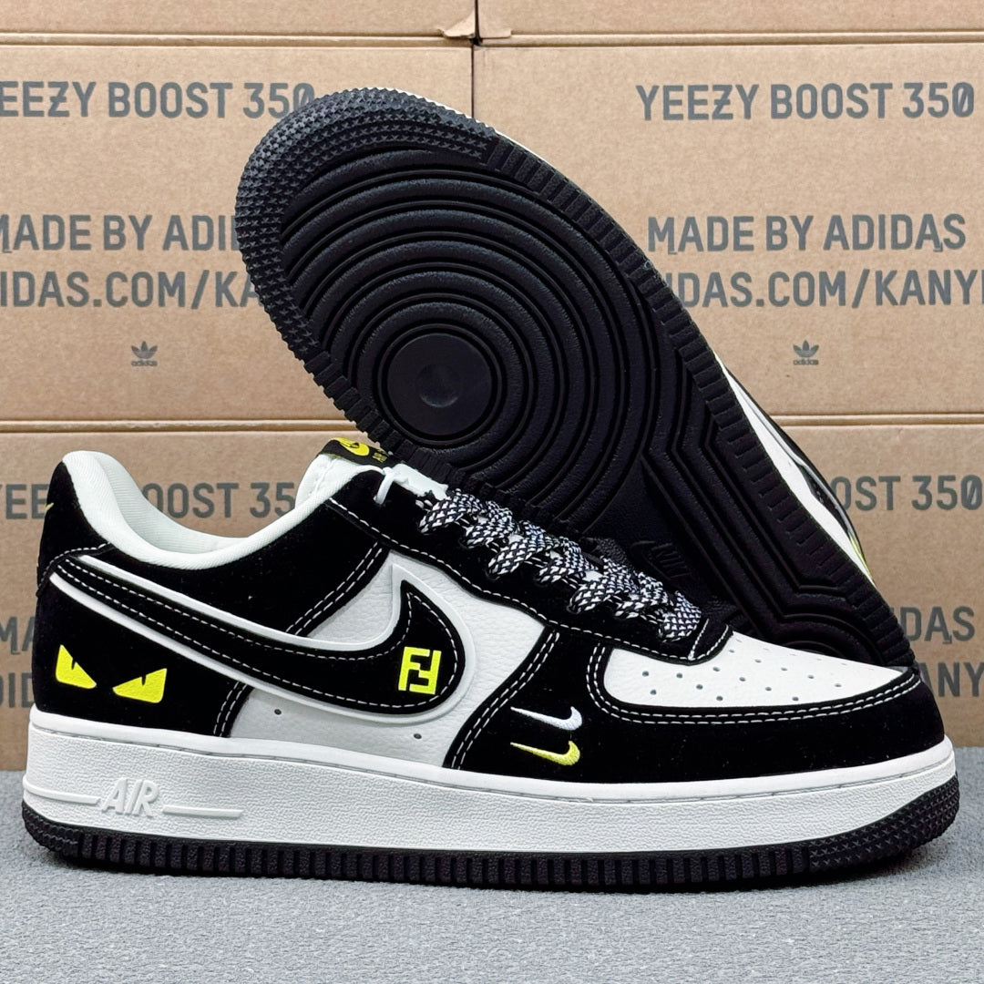 Nike Air Force 1 ’07 Low AF1 Black & White Sneakers with Neon Yellow Details, Graphic Lace-Up Casual Streetwear Shoes