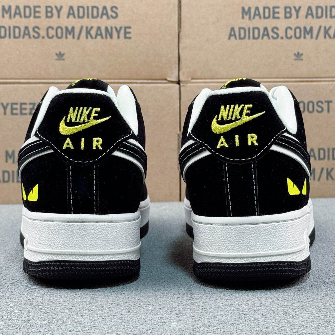 Nike Air Force 1 ’07 Low AF1 Black & White Sneakers with Neon Yellow Details, Graphic Lace-Up Casual Streetwear Shoes