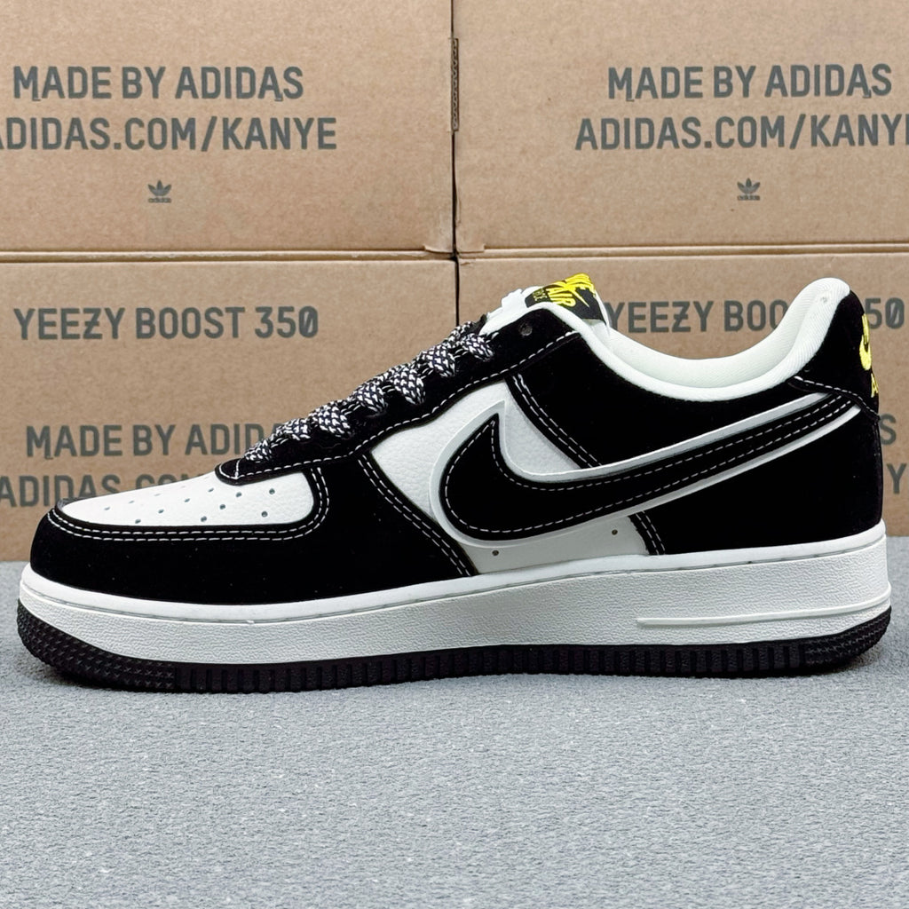 Nike Air Force 1 ’07 Low AF1 Black & White Sneakers with Neon Yellow Details, Graphic Lace-Up Casual Streetwear Shoes