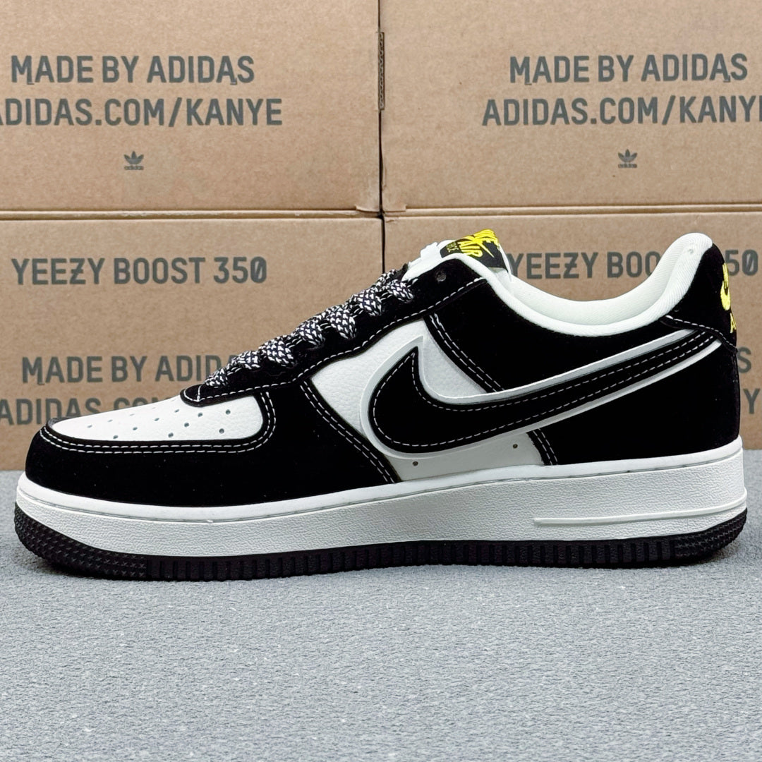 Nike Air Force 1 ’07 Low AF1 Black & White Sneakers with Neon Yellow Details, Graphic Lace-Up Casual Streetwear Shoes