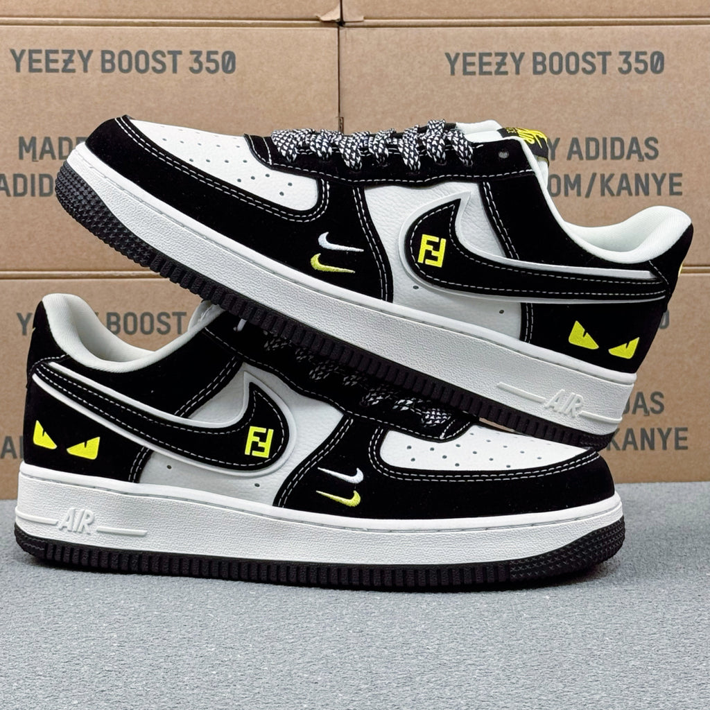 Nike Air Force 1 ’07 Low AF1 Black & White Sneakers with Neon Yellow Details, Graphic Lace-Up Casual Streetwear Shoes