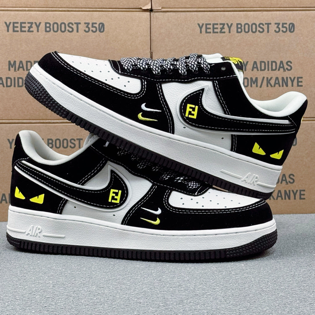 Nike Air Force 1 ’07 Low AF1 Black & White Sneakers with Neon Yellow Details, Graphic Lace-Up Casual Streetwear Shoes