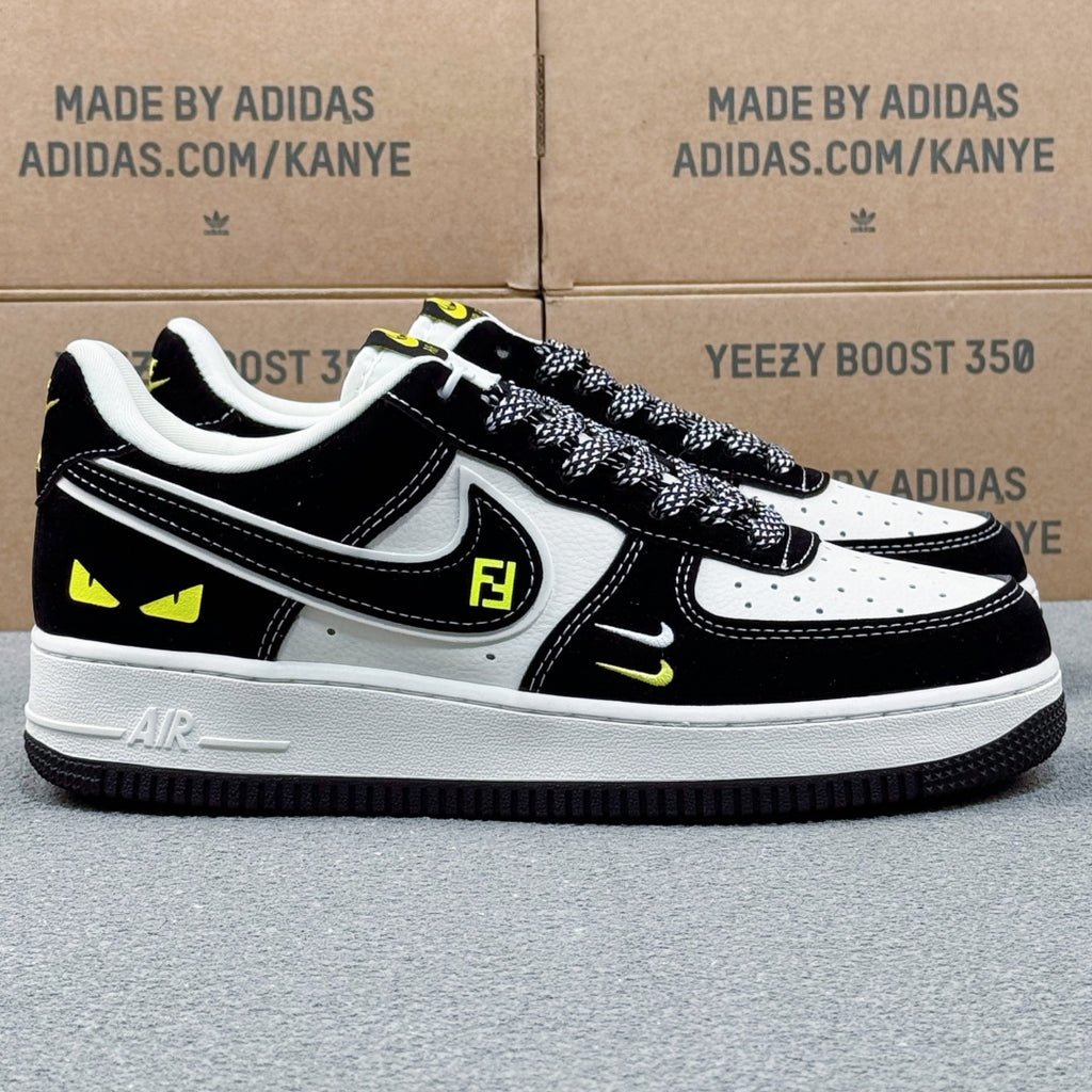 Nike Air Force 1 ’07 Low AF1 Black & White Sneakers with Neon Yellow Details, Graphic Lace-Up Casual Streetwear Shoes
