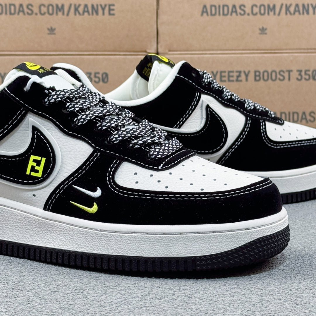 Nike Air Force 1 ’07 Low AF1 Black & White Sneakers with Neon Yellow Details, Graphic Lace-Up Casual Streetwear Shoes