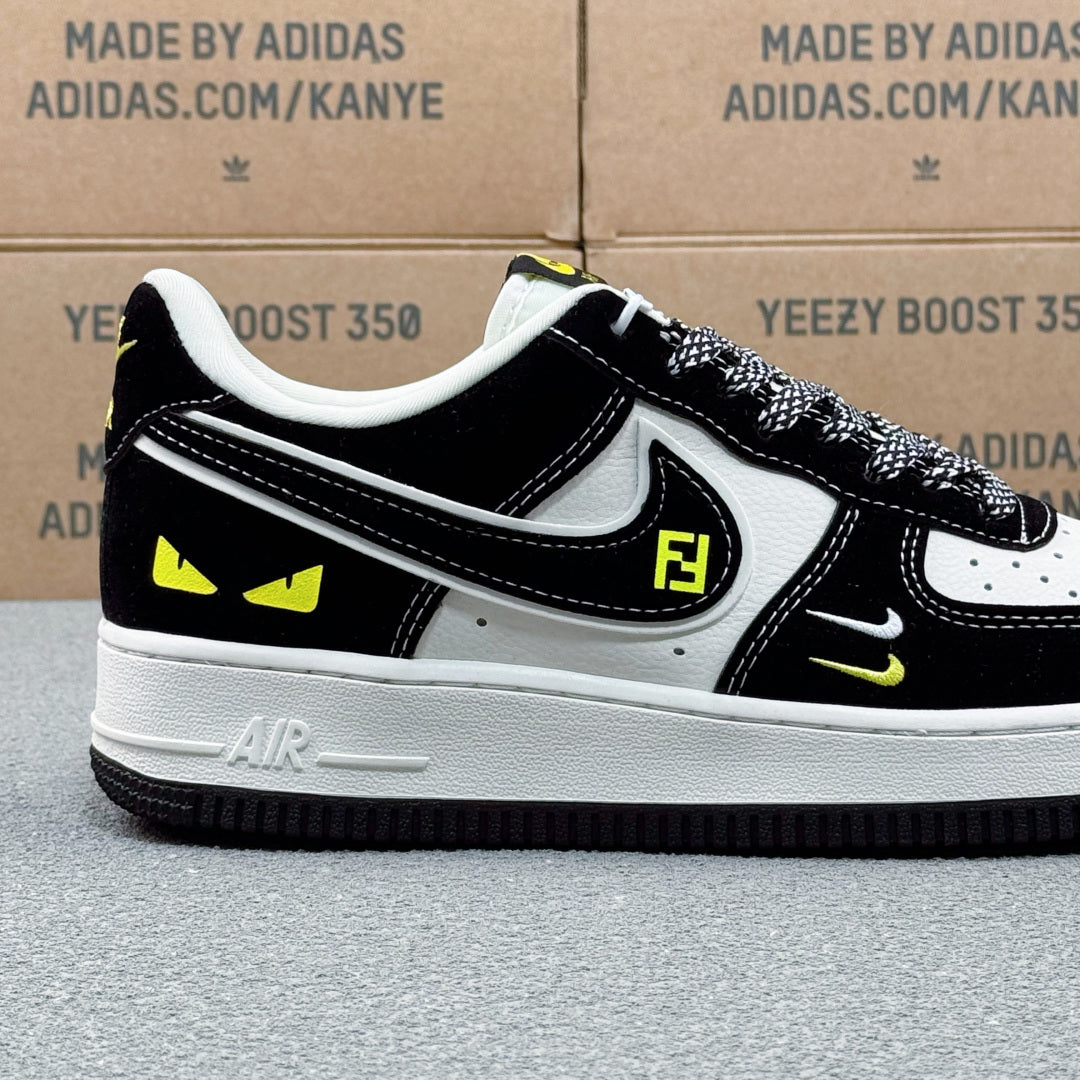 Nike Air Force 1 ’07 Low AF1 Black & White Sneakers with Neon Yellow Details, Graphic Lace-Up Casual Streetwear Shoes