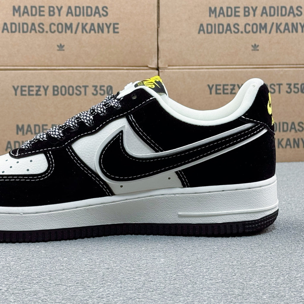 Nike Air Force 1 ’07 Low AF1 Black & White Sneakers with Neon Yellow Details, Graphic Lace-Up Casual Streetwear Shoes