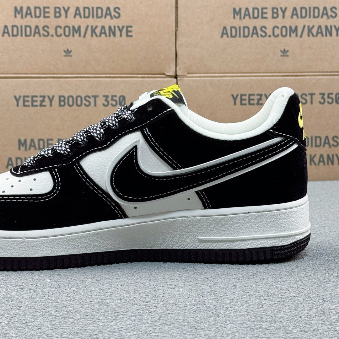 Nike Air Force 1 ’07 Low AF1 Black & White Sneakers with Neon Yellow Details, Graphic Lace-Up Casual Streetwear Shoes