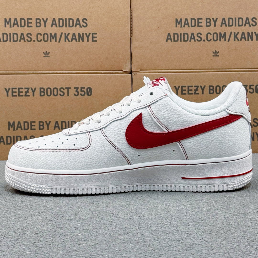 Nike Air Force 1 ’07 Low AF1 White & Red Sneakers, Contrast Swoosh Lace-Up Retro Casual Streetwear Shoes
