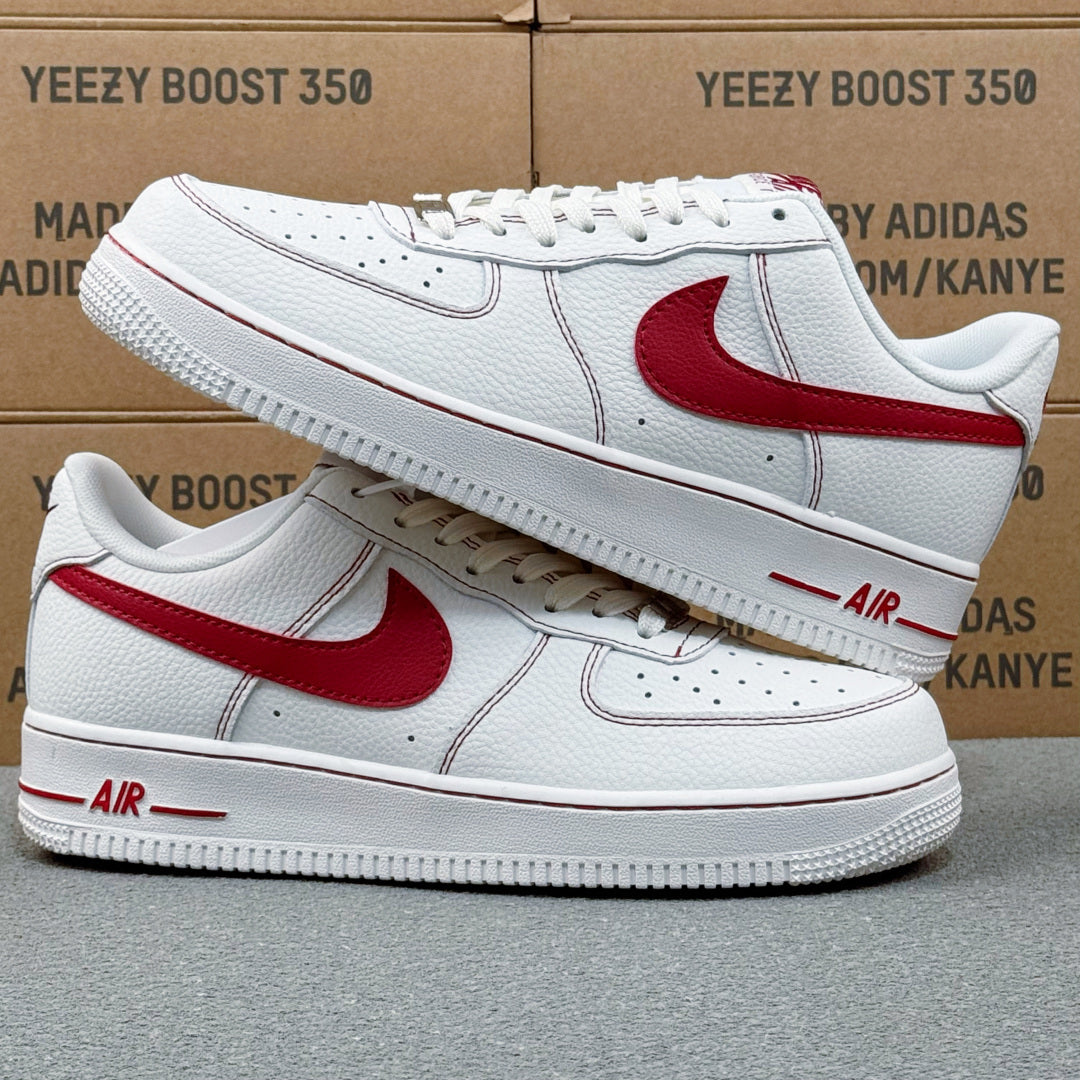 Nike Air Force 1 ’07 Low AF1 White & Red Sneakers, Contrast Swoosh Lace-Up Retro Casual Streetwear Shoes