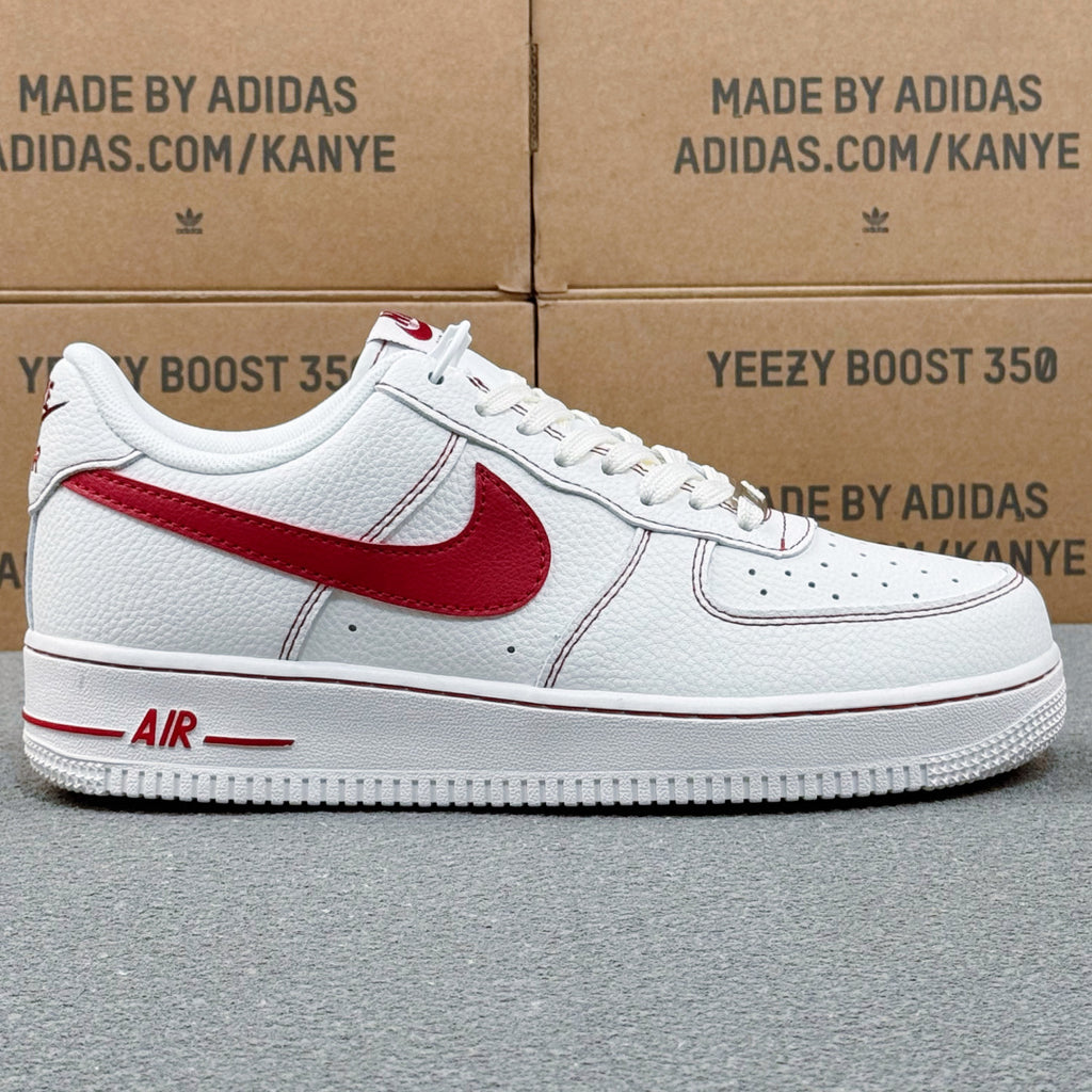Nike Air Force 1 ’07 Low AF1 White & Red Sneakers, Contrast Swoosh Lace-Up Retro Casual Streetwear Shoes