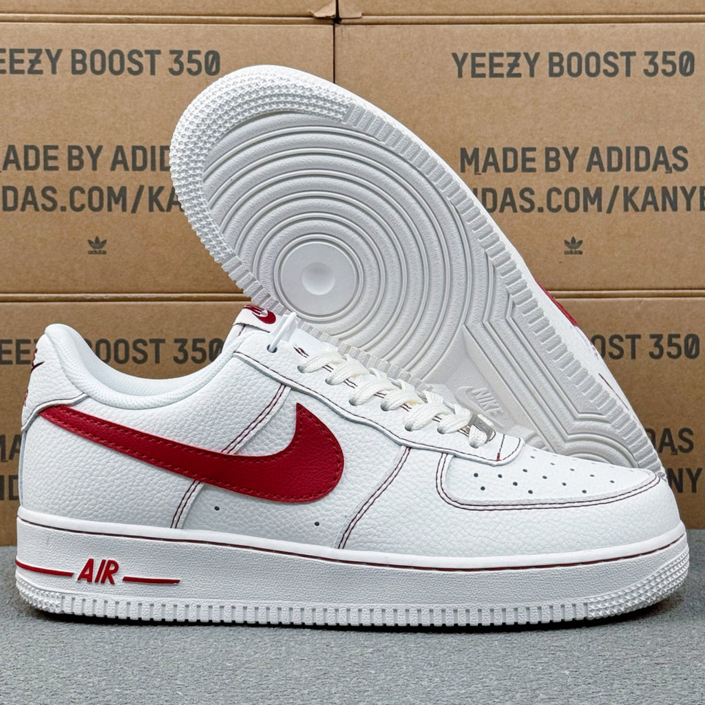 Nike Air Force 1 ’07 Low AF1 White & Red Sneakers, Contrast Swoosh Lace-Up Retro Casual Streetwear Shoes