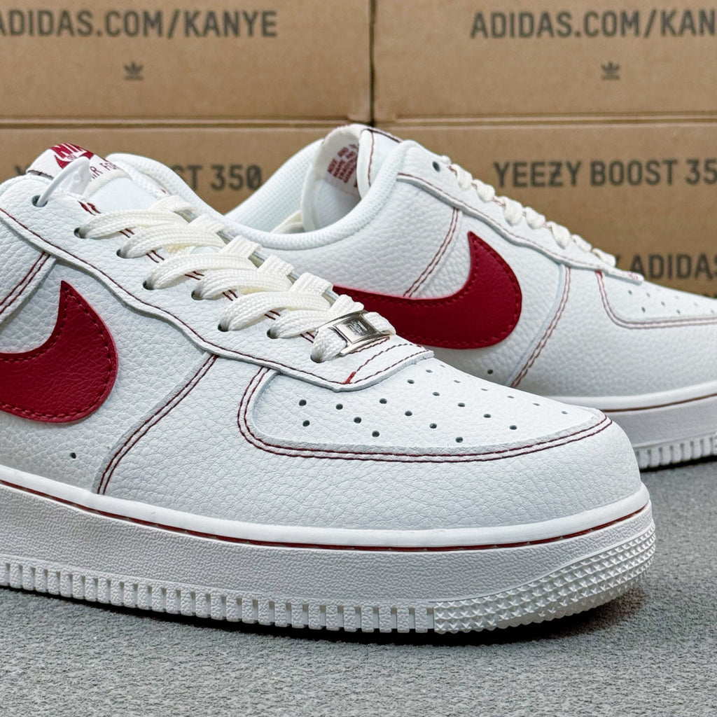 Nike Air Force 1 ’07 Low AF1 White & Red Sneakers, Contrast Swoosh Lace-Up Retro Casual Streetwear Shoes