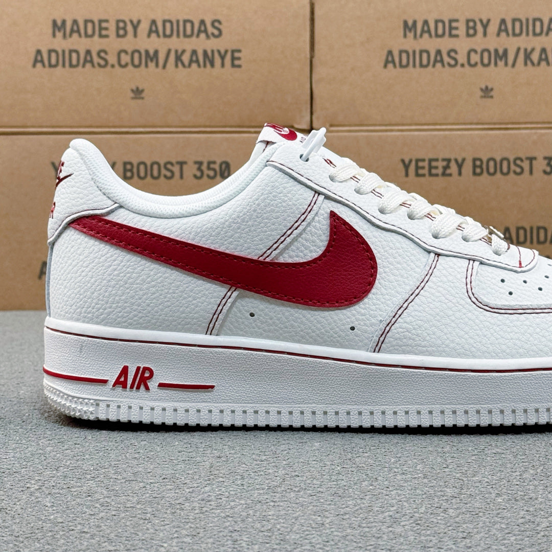 Nike Air Force 1 ’07 Low AF1 White & Red Sneakers, Contrast Swoosh Lace-Up Retro Casual Streetwear Shoes