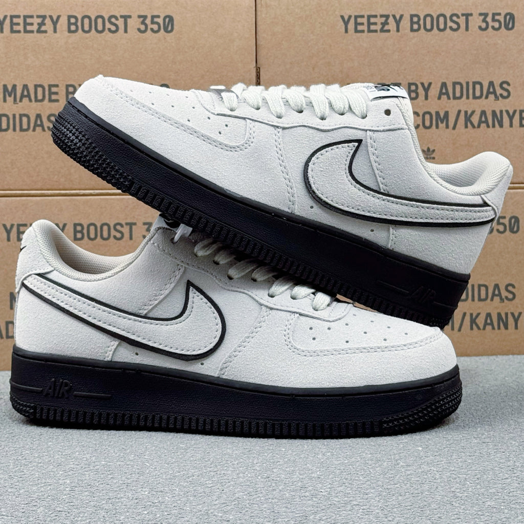 Nike Air Force 1 ’07 Low AF1 White & Black Sneakers, Black Outline Swoosh Retro Lace-Up Casual Streetwear Shoes