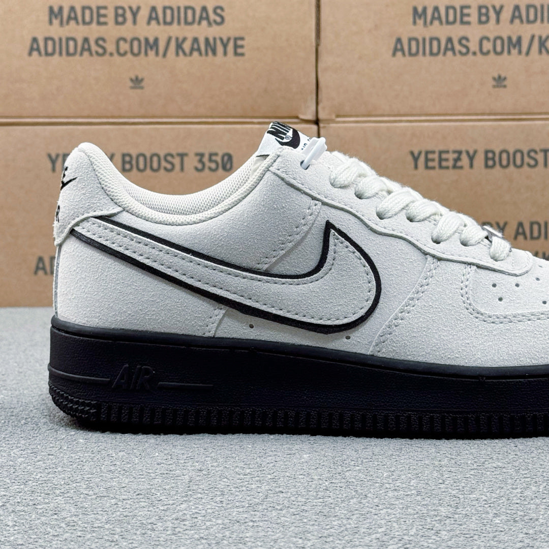 Nike Air Force 1 ’07 Low AF1 White & Black Sneakers, Black Outline Swoosh Retro Lace-Up Casual Streetwear Shoes