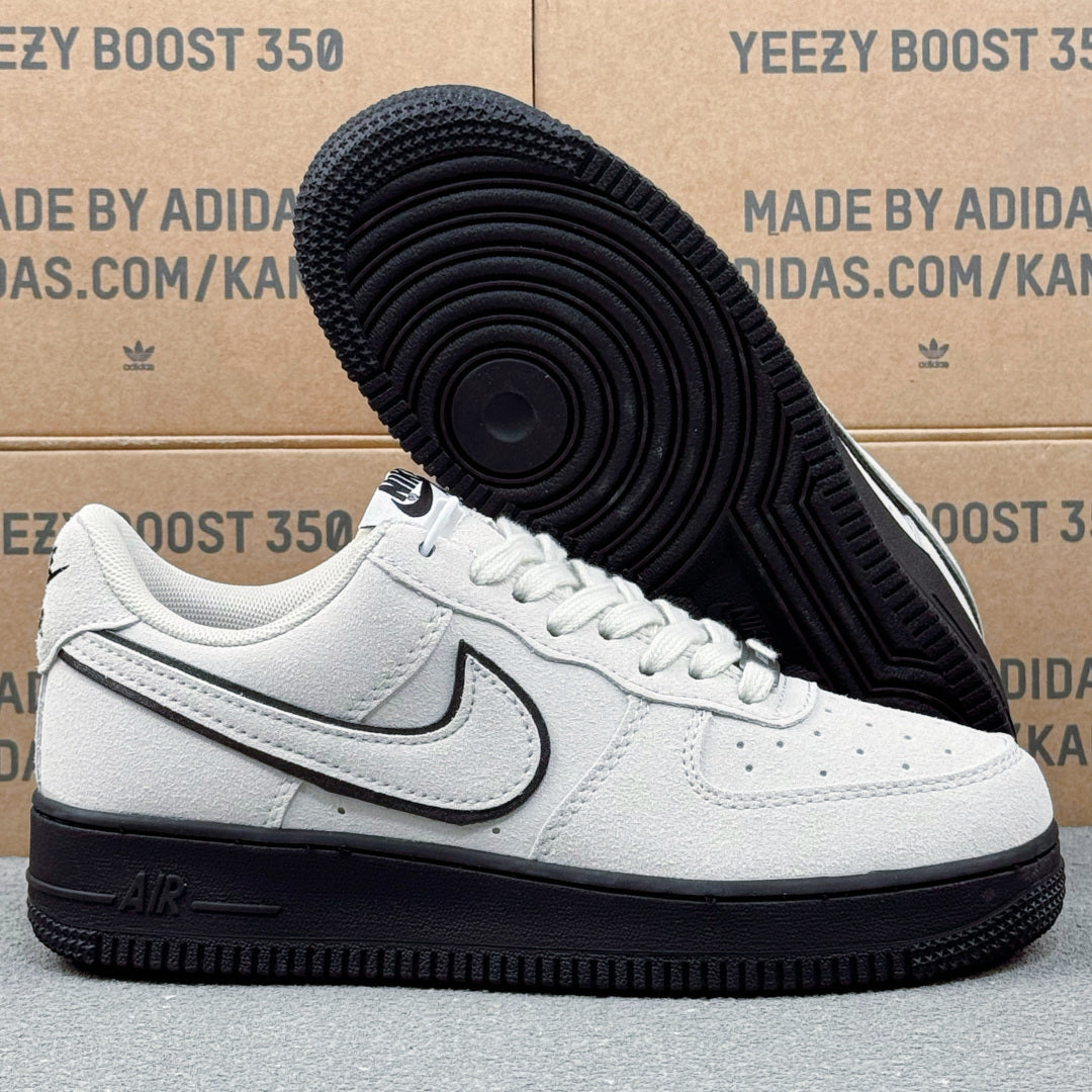 Nike Air Force 1 ’07 Low AF1 White & Black Sneakers, Outlined Swoosh Black Sole Retro Lace-Up Casual Shoes