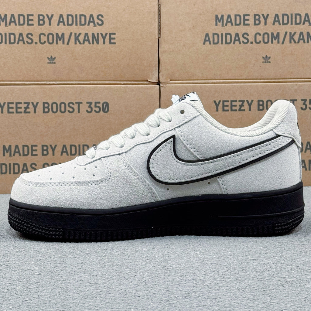 Nike Air Force 1 ’07 Low AF1 White & Black Sneakers, Outlined Swoosh Black Sole Retro Lace-Up Casual Shoes