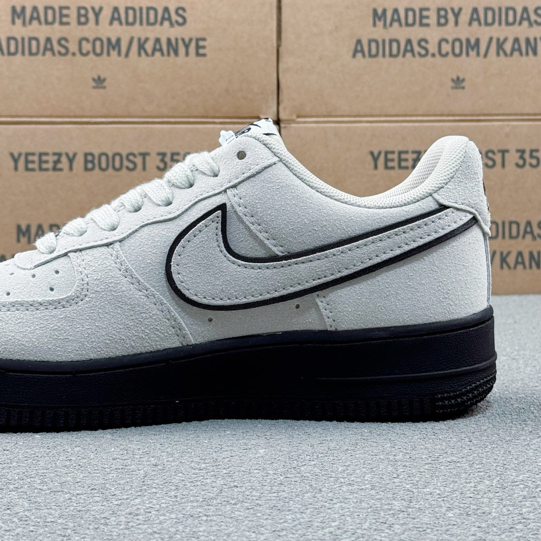 Nike Air Force 1 ’07 Low AF1 White & Black Sneakers, Outlined Swoosh Black Sole Retro Lace-Up Casual Shoes