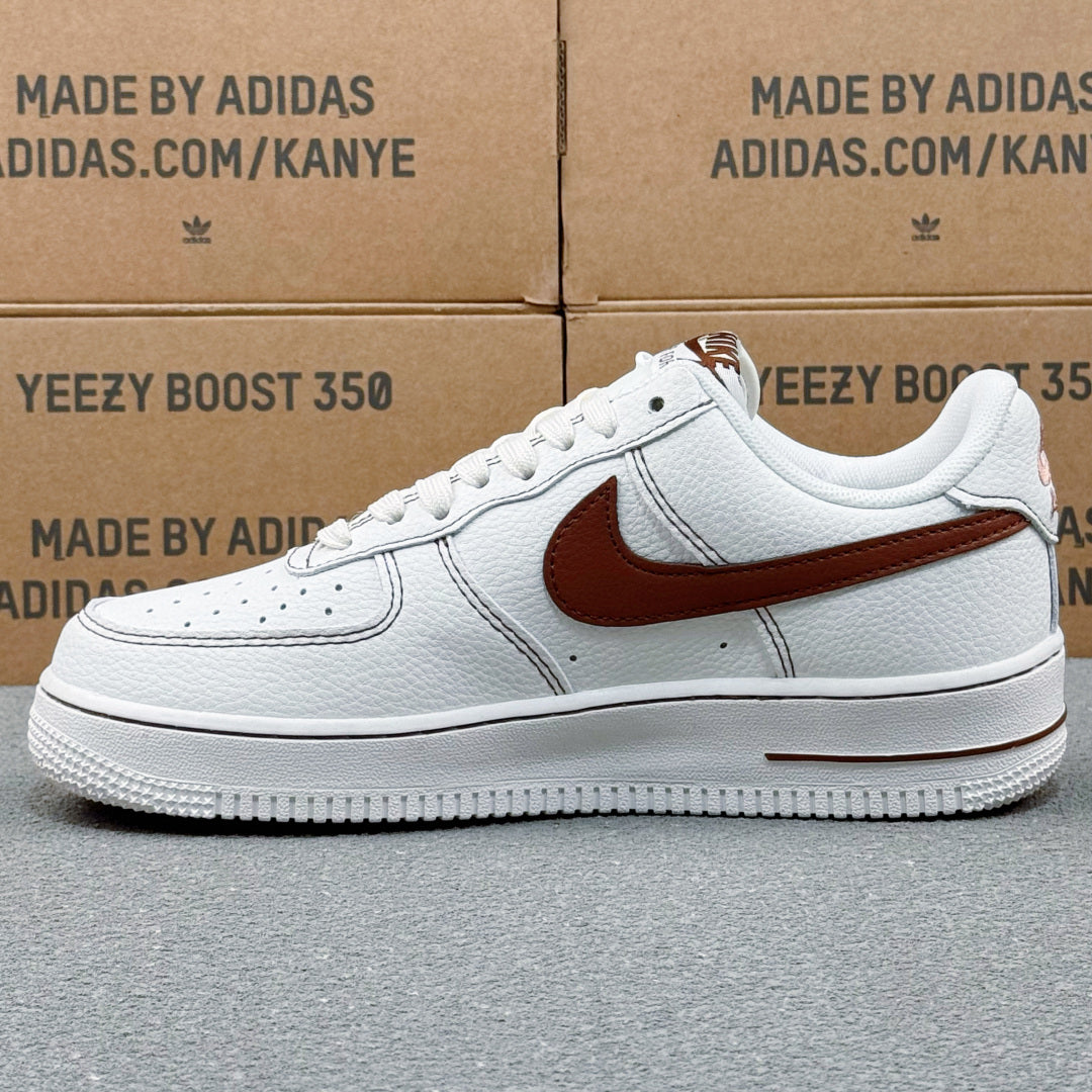 Nike Air Force 1 ’07 Low AF1 White & Burgundy Sneakers, Contrast Swoosh Lace-Up Retro Casual Streetwear Shoes