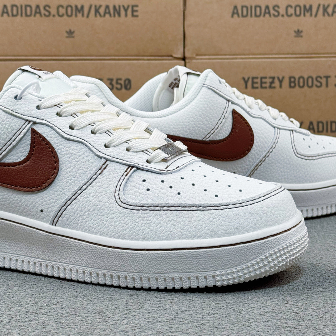 Nike Air Force 1 ’07 Low AF1 White & Burgundy Sneakers, Contrast Swoosh Lace-Up Retro Casual Streetwear Shoes